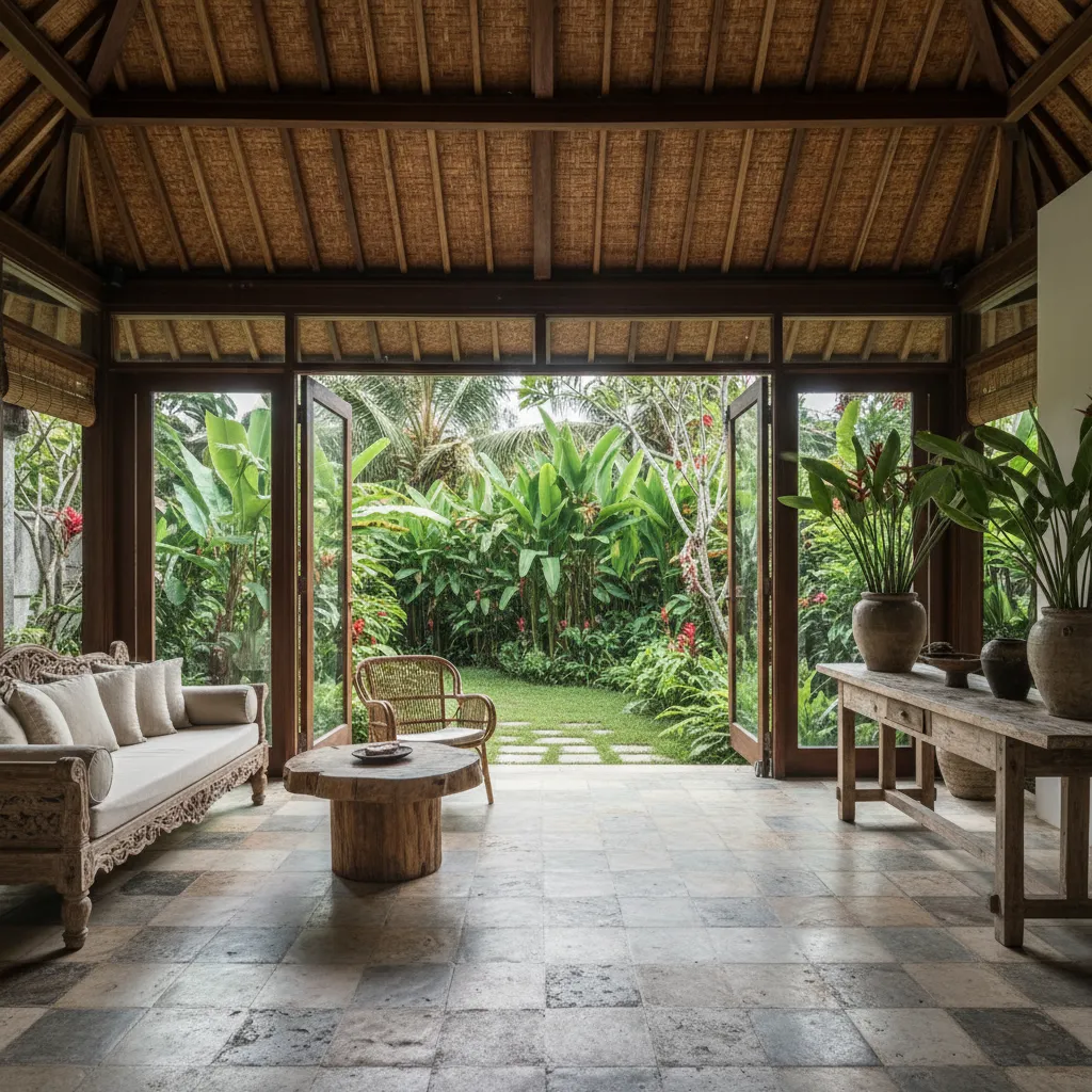 Tropical open living room with wood sofa coffee table and view of lush green garden