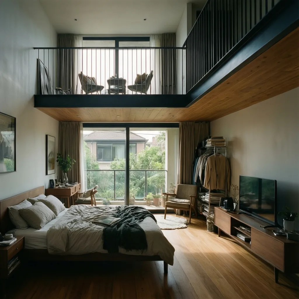 Modern bedroom with wood floor bed TV cabinet and a loft area with black railing