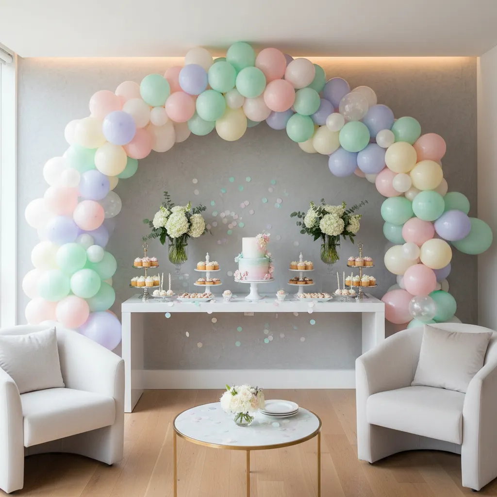 balloon arch framing teen birthday dessert table