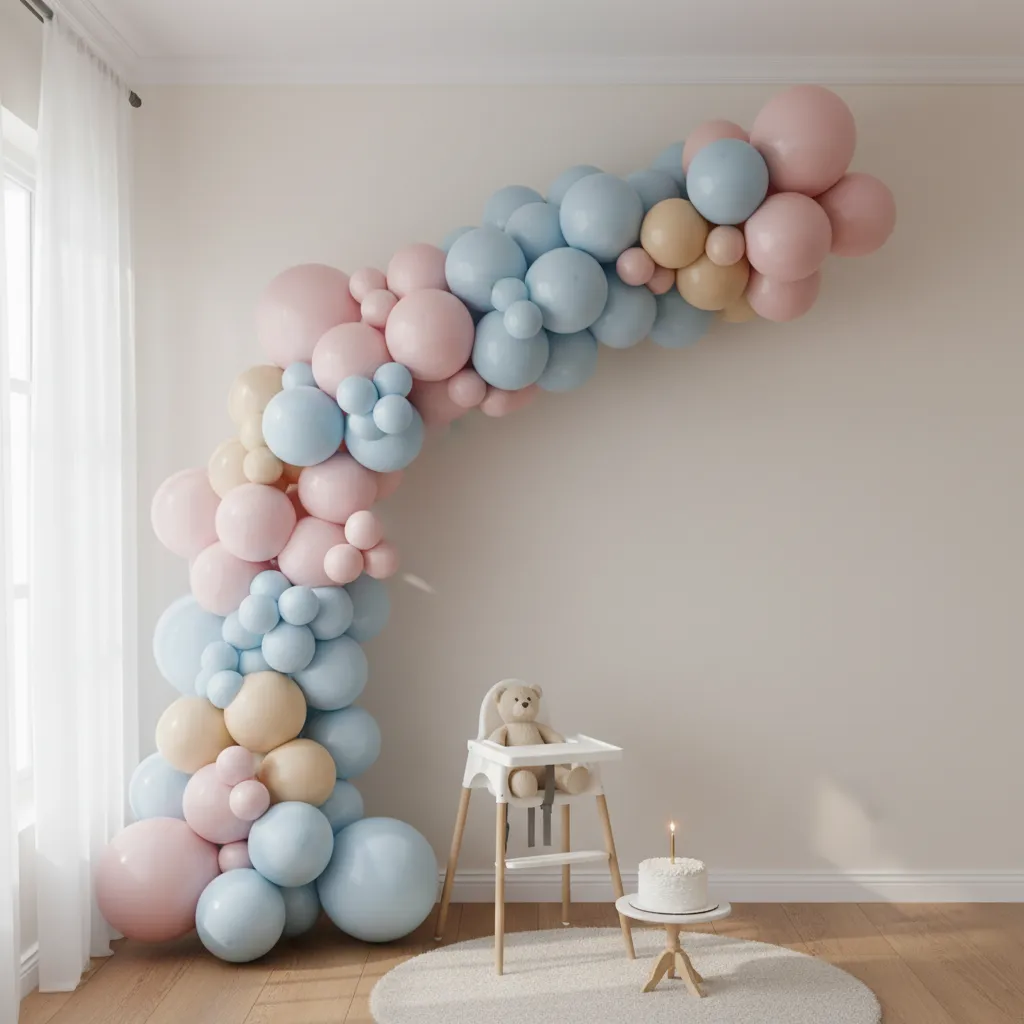 pastel balloon backdrop decoration for baby birthday party at home