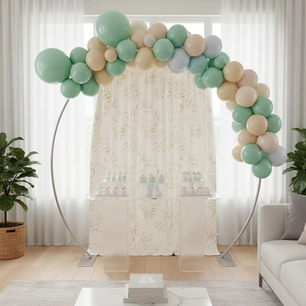 balloon arch with hidden support frame and backdrop for baby shower