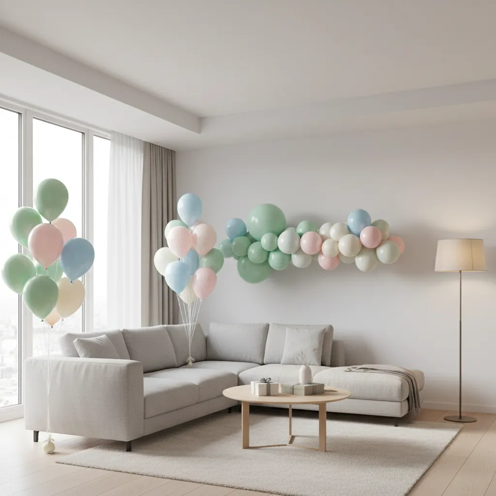 Birthday balloon decoration corner with colorful balloon clusters in a living room