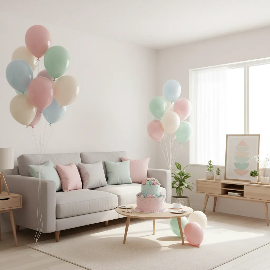 small balloon clusters placed around a compact living room birthday setup