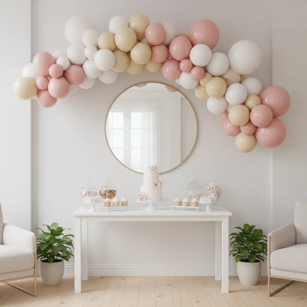 pastel balloon garland decorating baby shower table at home
