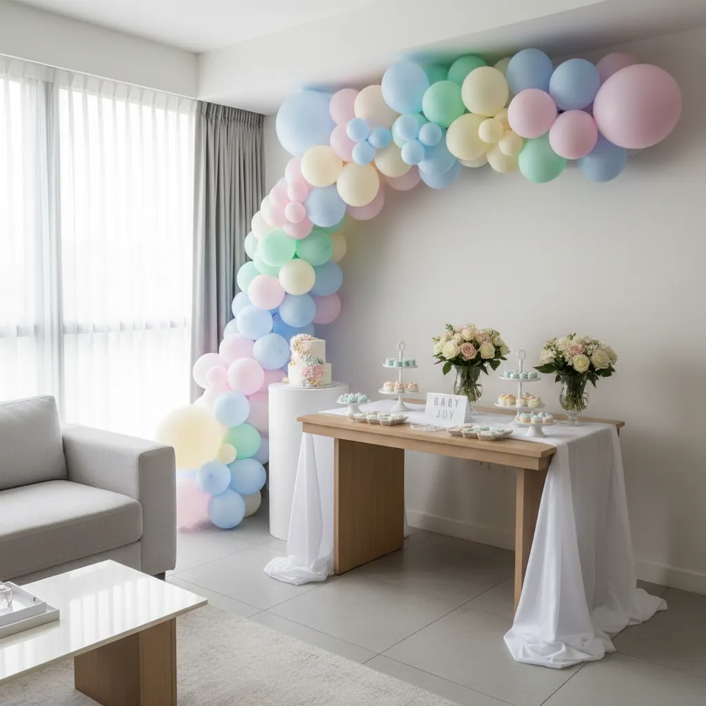 Balloon garland arch decorating a small baby shower corner