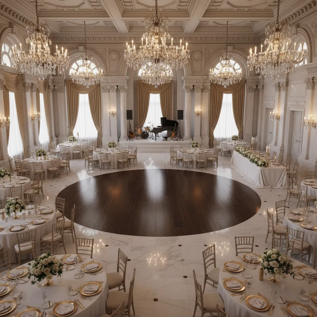 ballroom wedding reception floor plan with round tables central dance floor and stage