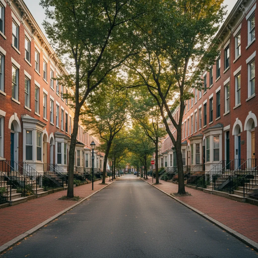 Typical Baltimore residential street with brick row homes and rental housing