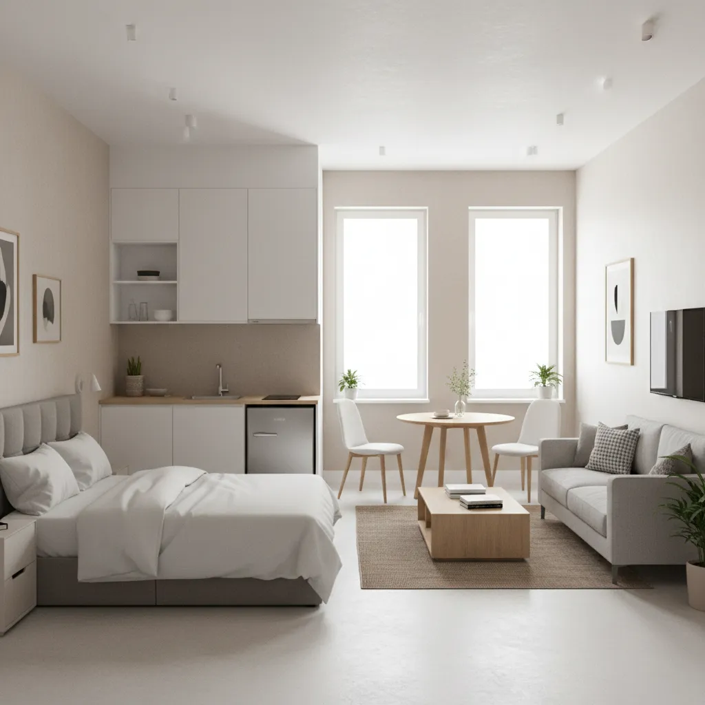 Compact modern studio apartment interior with bed kitchen and seating area