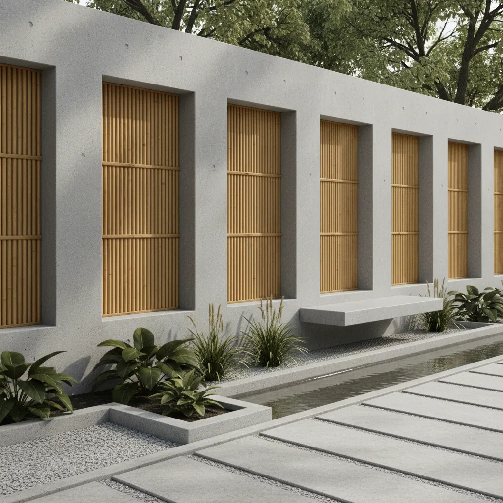Modern outdoor wall combining bamboo panels with concrete structure