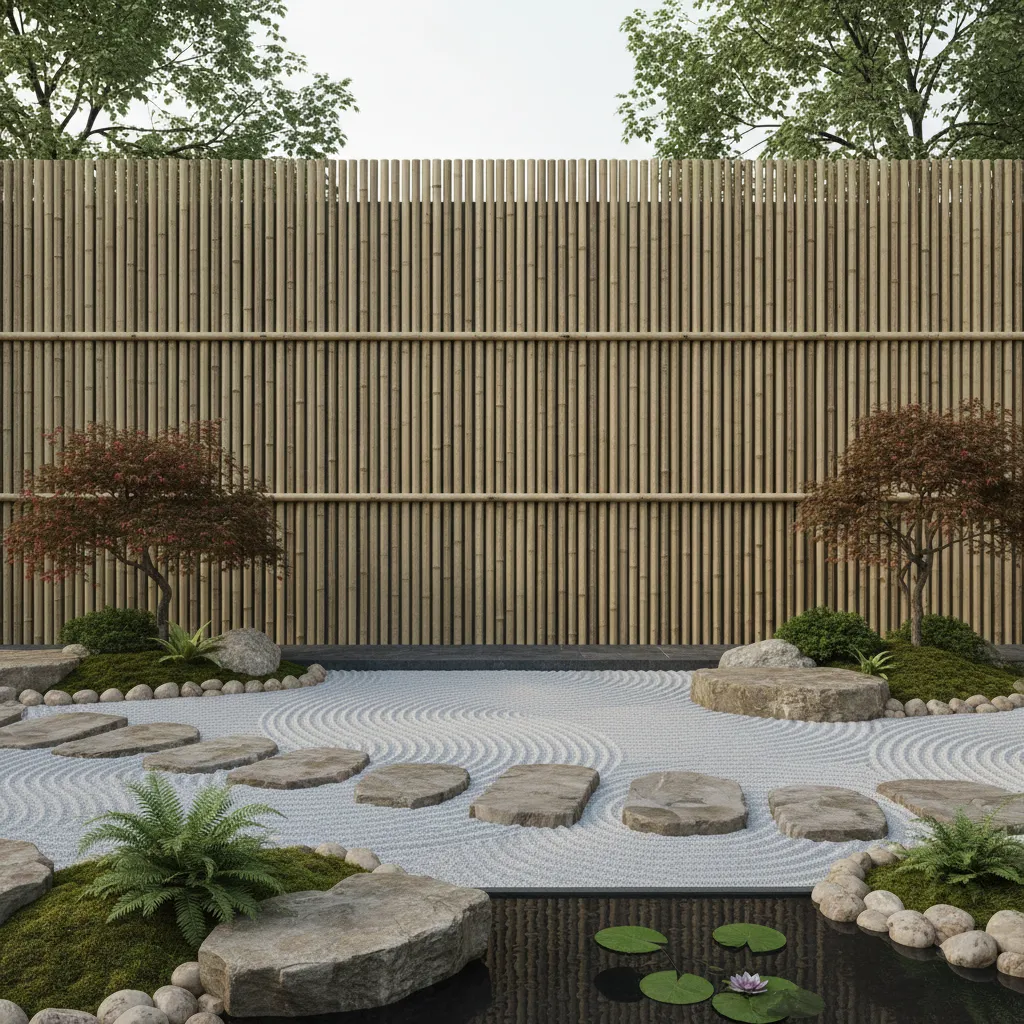 Outdoor bamboo garden screen wall with natural landscaping