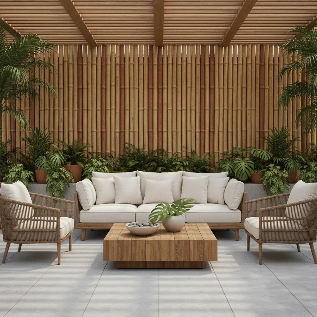 Outdoor patio with bamboo wall feature and lounge seating