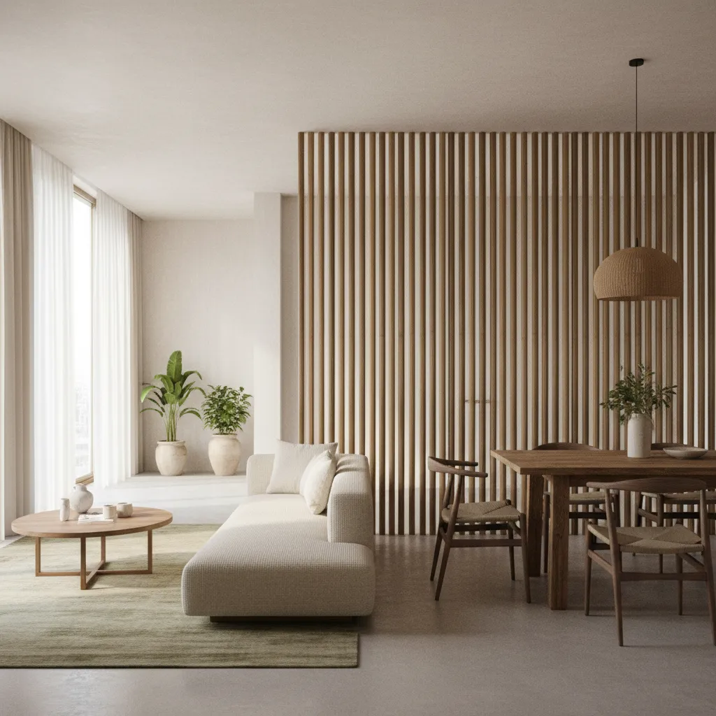 Separador de ambientes interior hecho con cañas de bambú