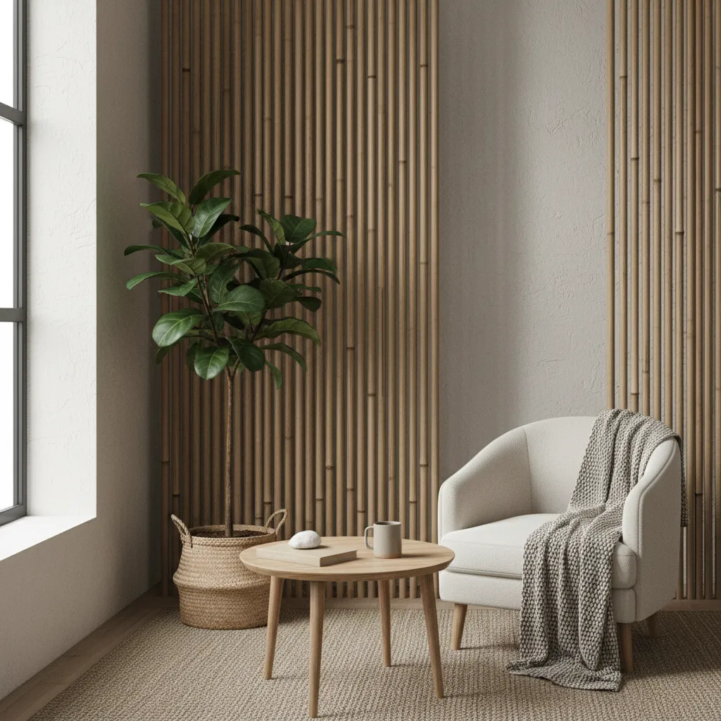 Esquina decorativa con cañas de bambú en un apartamento pequeño