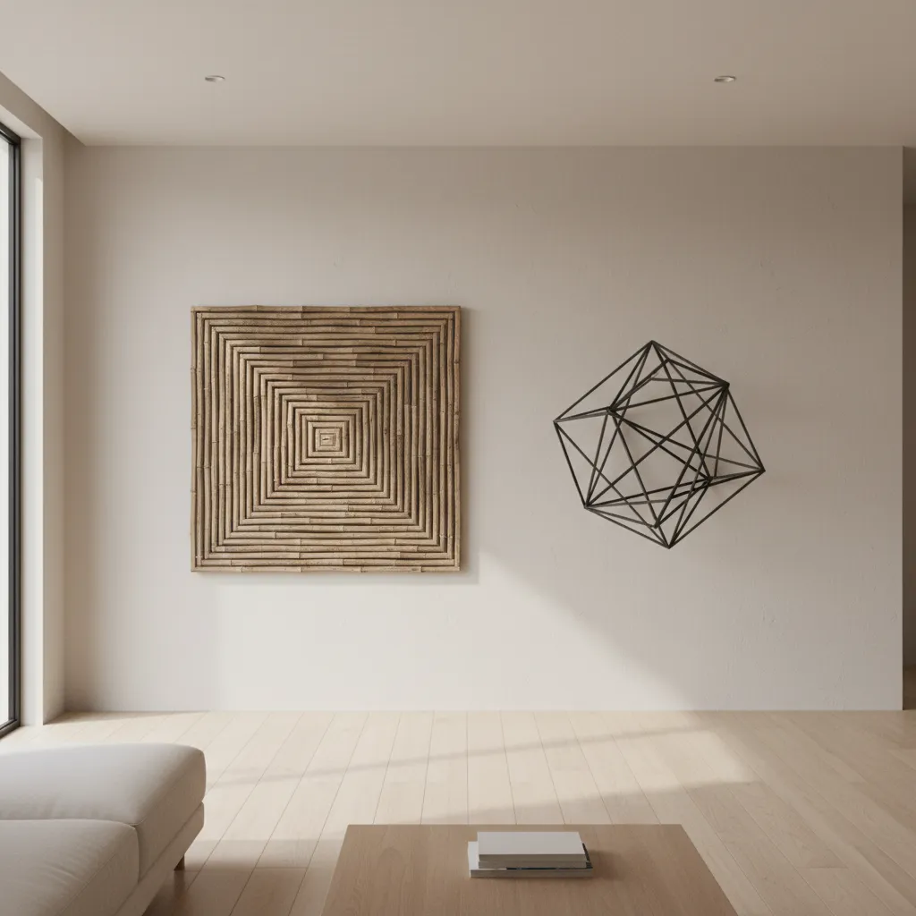 Interior comparison of bamboo wall art and black metal wall sculpture