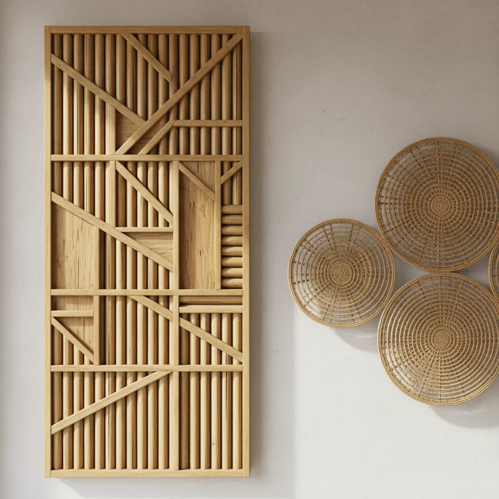 Side by side comparison of bamboo wall art and rattan woven wall decor textures