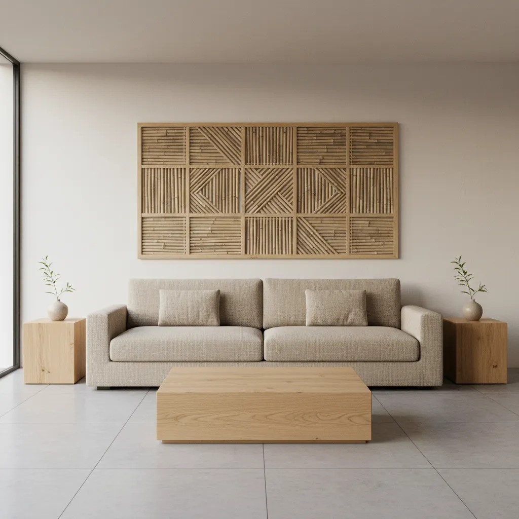 Large bamboo wall art correctly scaled above a modern sofa
