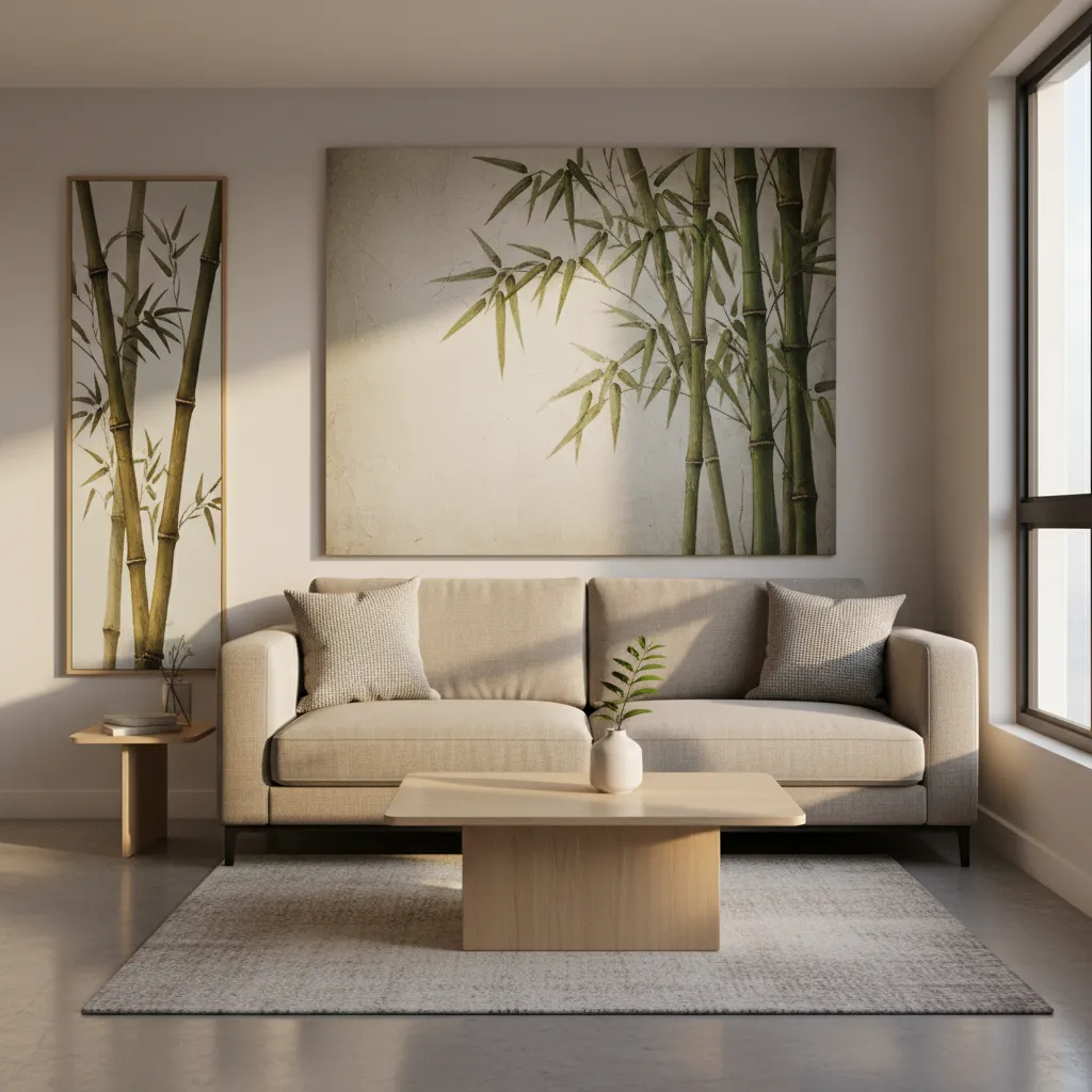 Bamboo wall painting above sofa in a small apartment