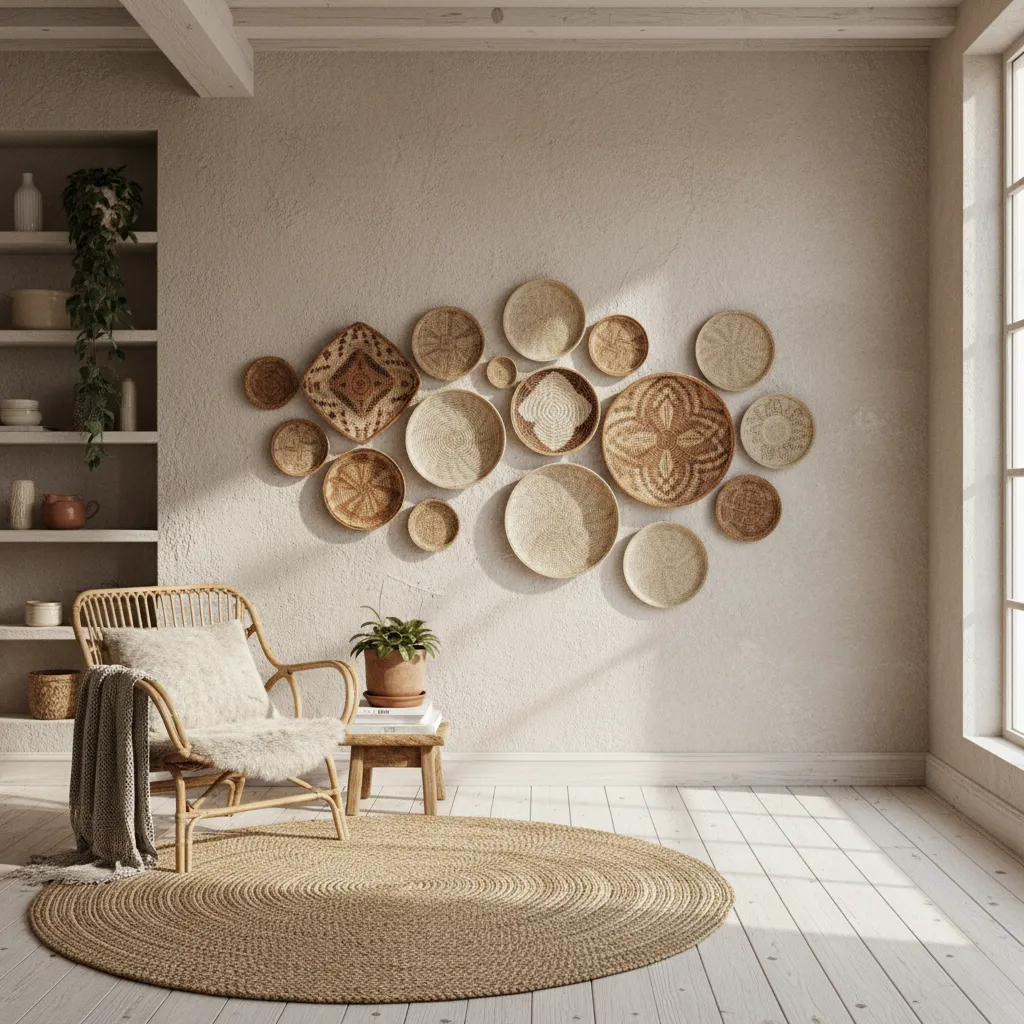 Gallery style arrangement of bamboo wall baskets in boho interior