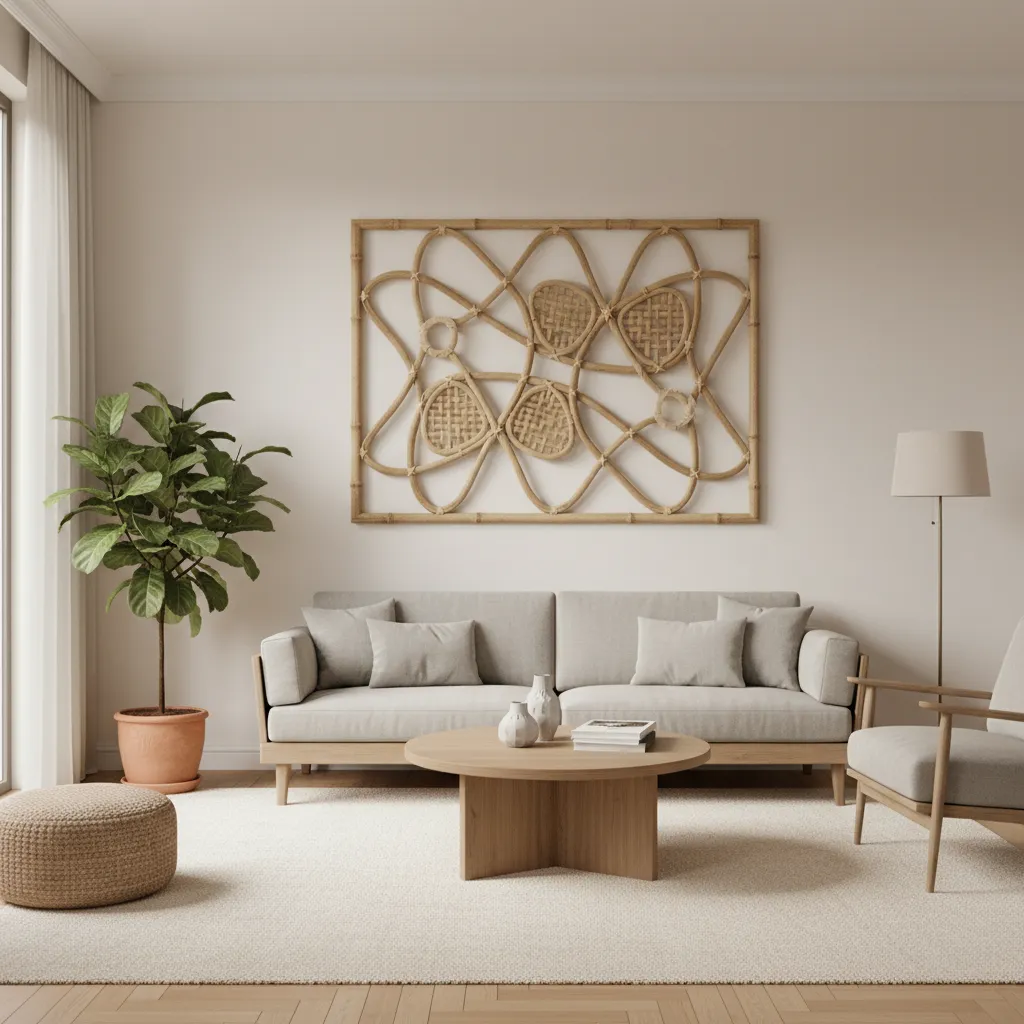 woven bamboo wall art panel displayed in a modern living room interior