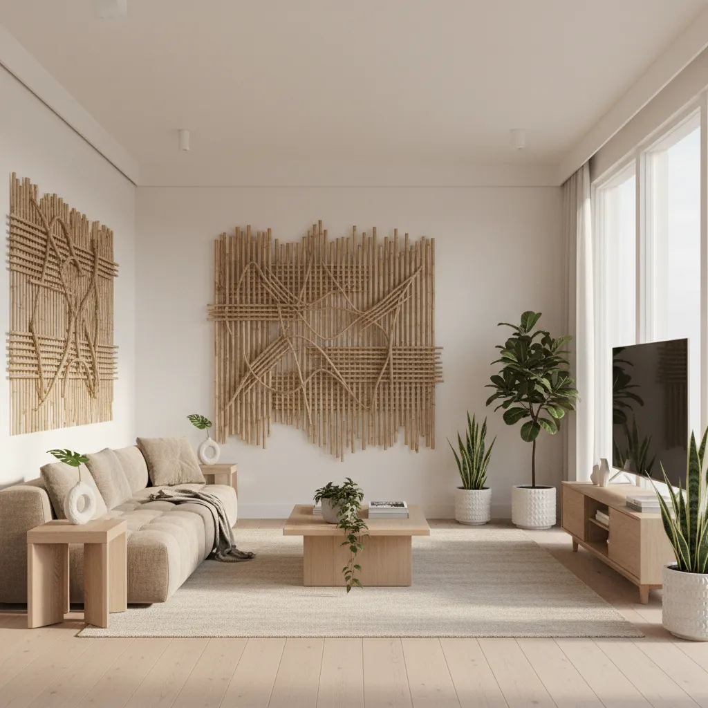 Modern living room with bamboo wall art above a neutral sofa