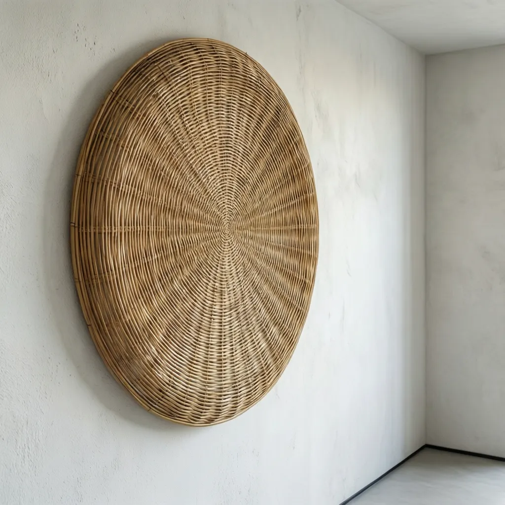 Bamboo wall decor creating texture contrast on a smooth white wall