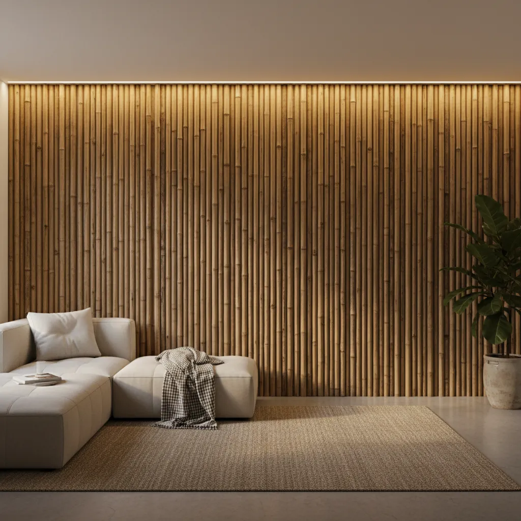 Pared interior decorada con cañas de bambú y luz indirecta