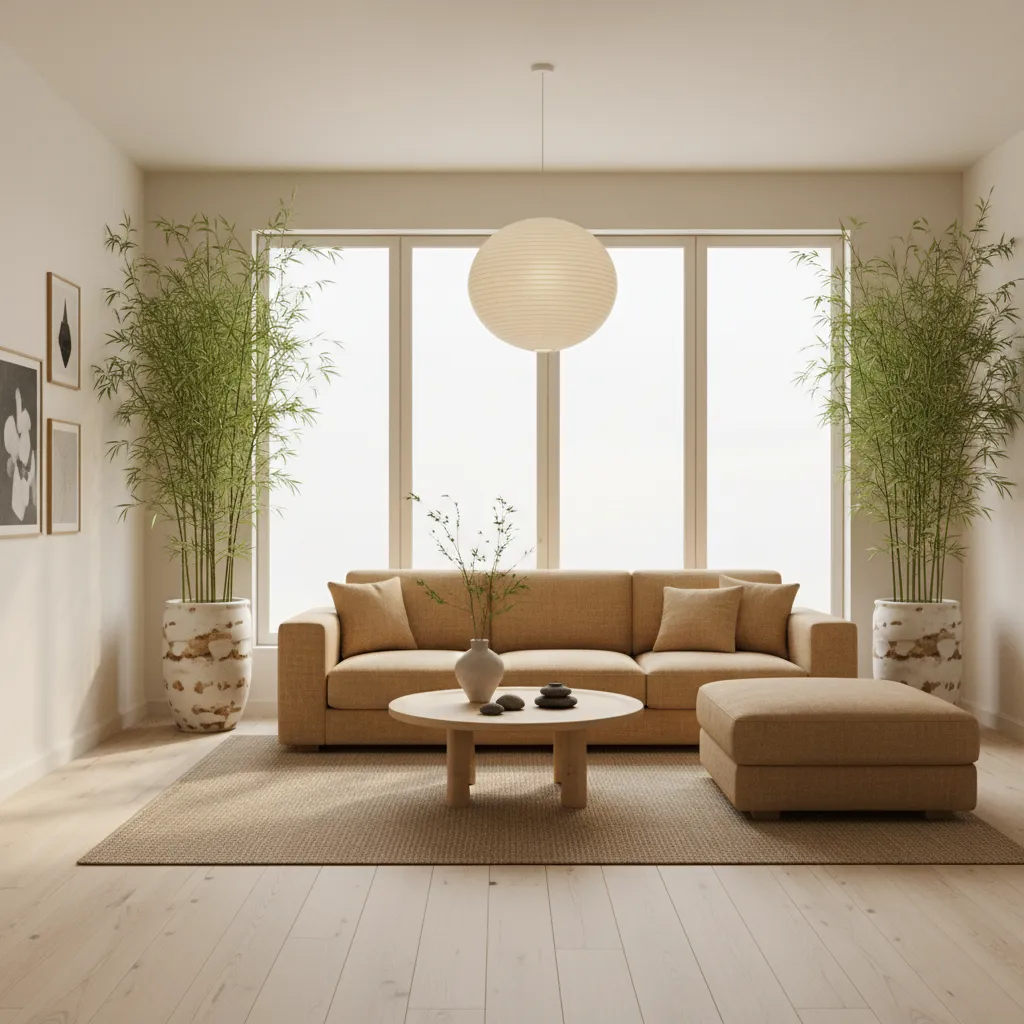 Symmetrical living room with light brown sofa footrest round coffee table bamboo plants ceiling light