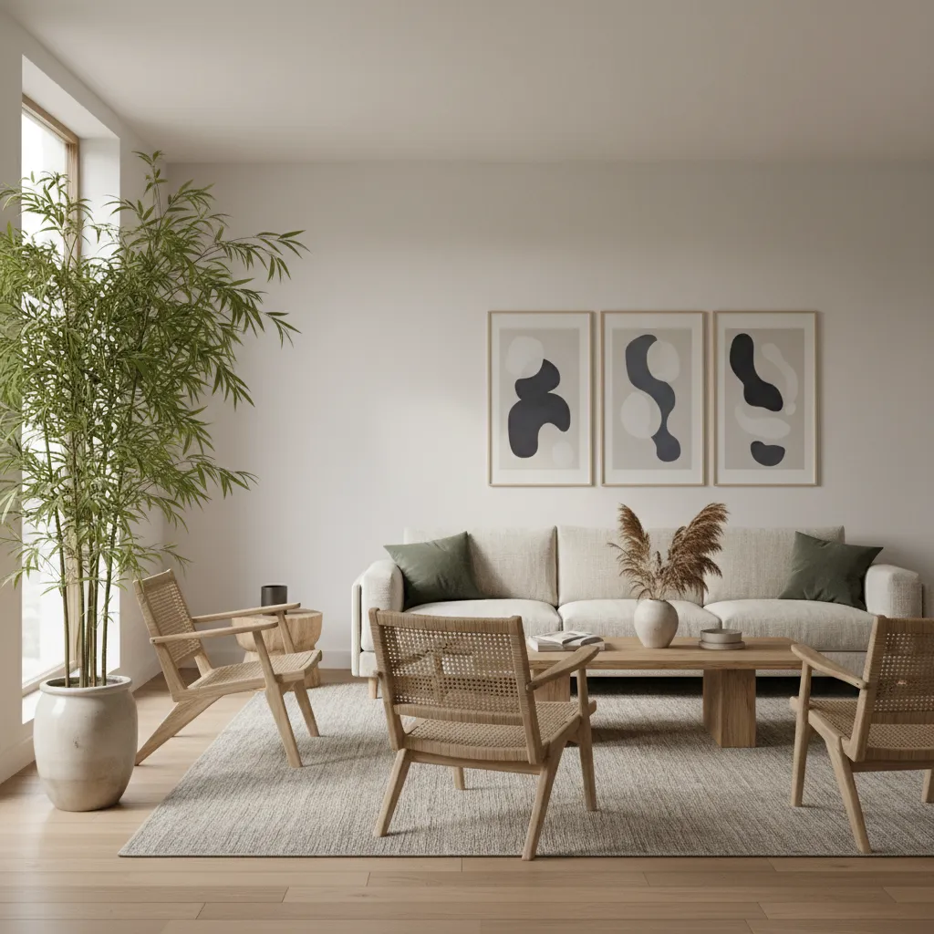 Japandi living room with white sofa wooden chairs bamboo plant abstract art and coffee table