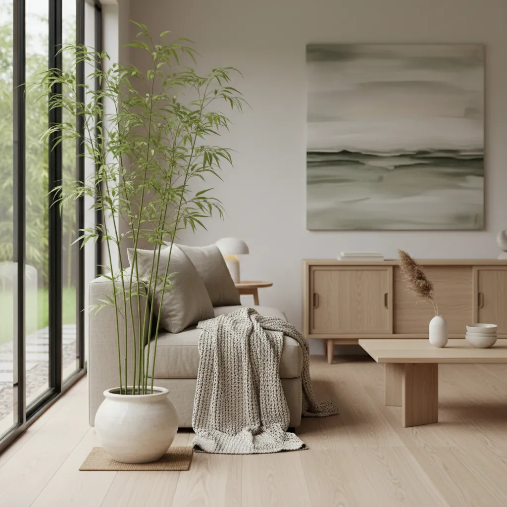 Bambú decorativo en un interior estilo Japandi minimalista