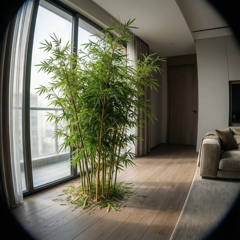 Bamboo plant growing from wooden floor next to large windows with curtains in modern room