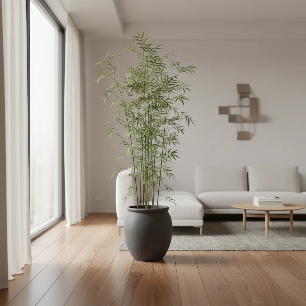 Planta de bambú en maceta grande de cerámica en un interior moderno