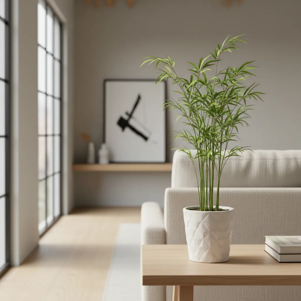 Small green bamboo plant in white pot on wooden table with blurred living room background