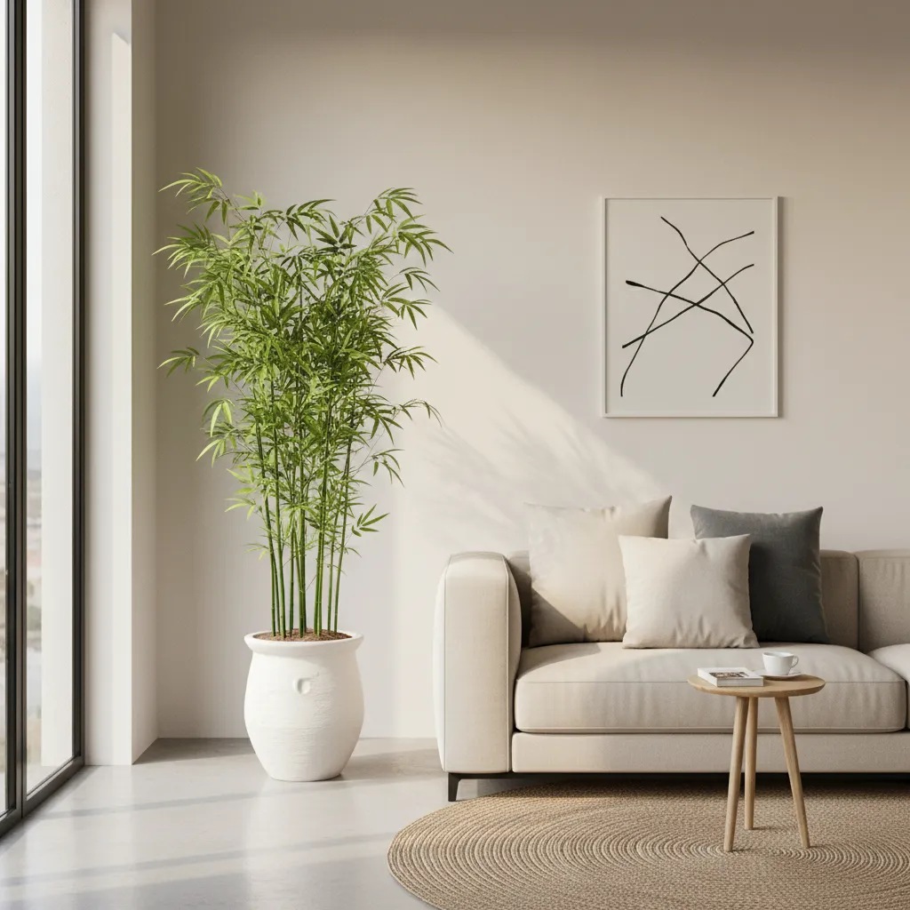 Large green bamboo plant in white pot next to beige sofa with small wooden table