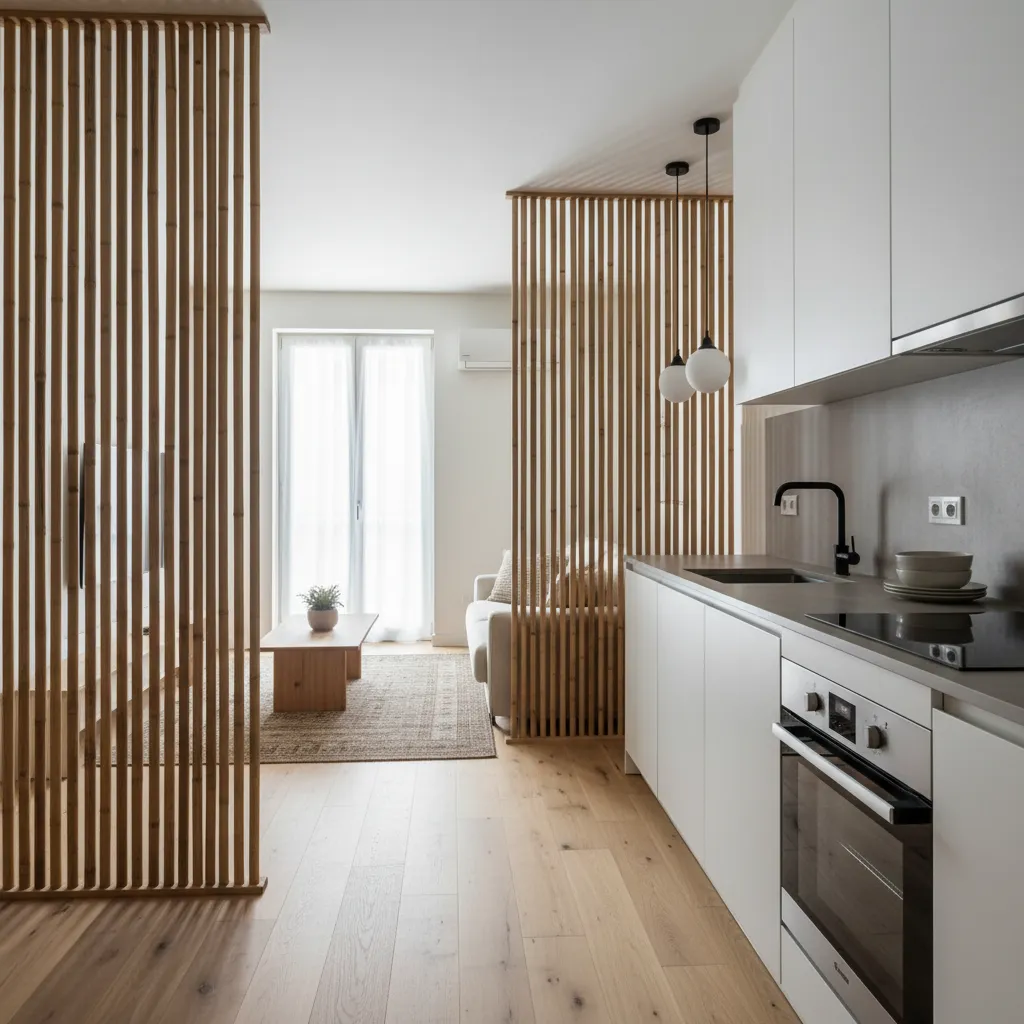 Separador de bambú en apartamento moderno