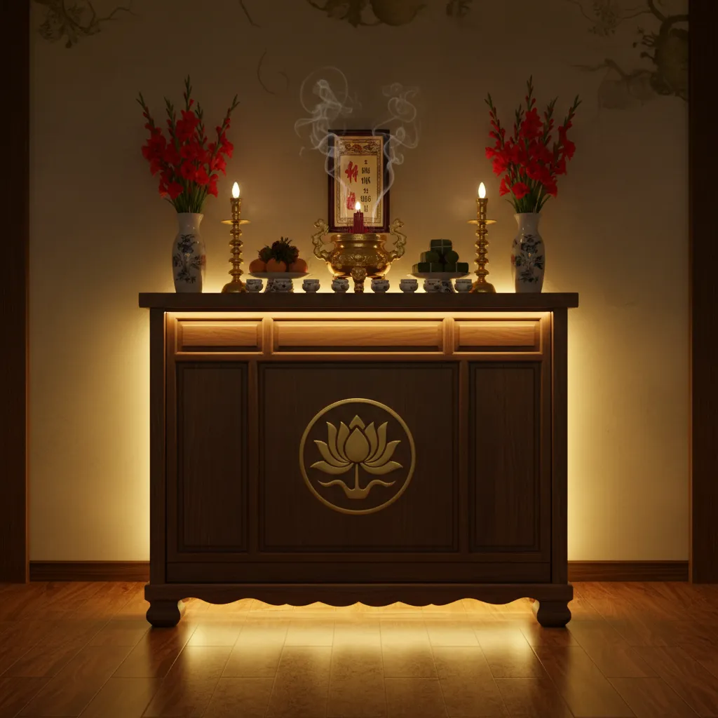 Dark wood cabinet with lotus symbol and backlighting featuring red flowers candles and incense smoke