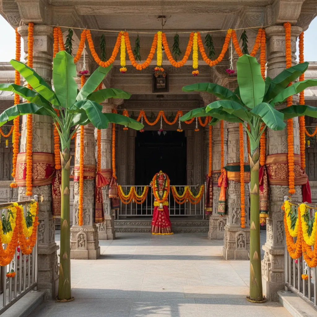 Banana tree decorations placed at a Hindu temple entrance