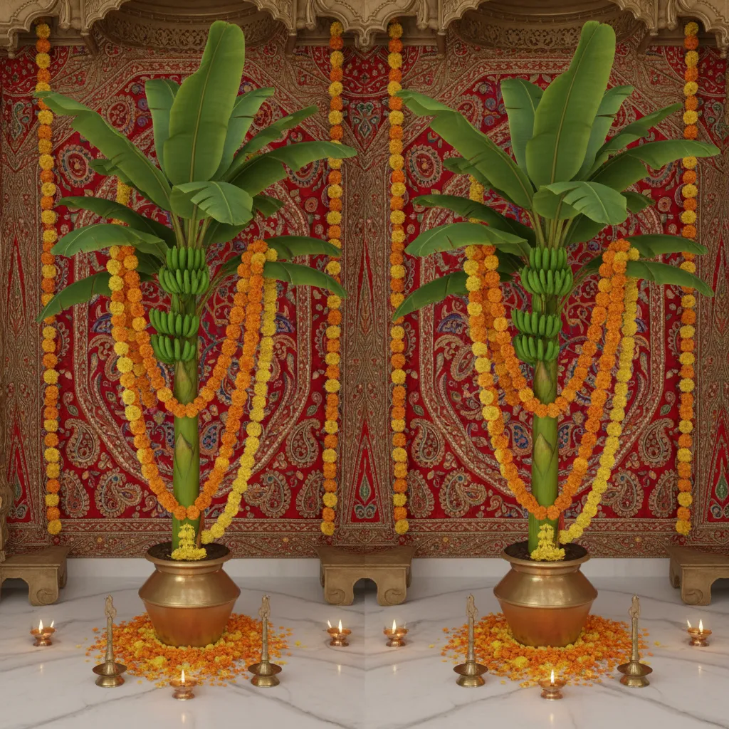 Side by side comparison of artificial and real banana trees in mandap decoration