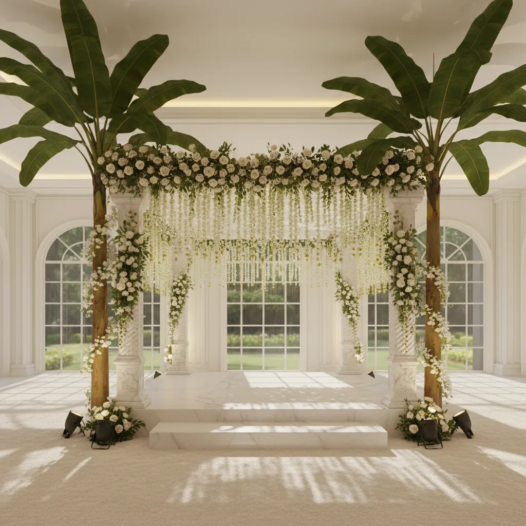 Large artificial banana trees decorating a wedding mandap stage