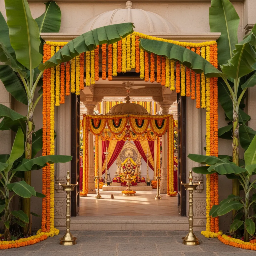 Banana trees placed at the entrance of a traditional pooja mandap