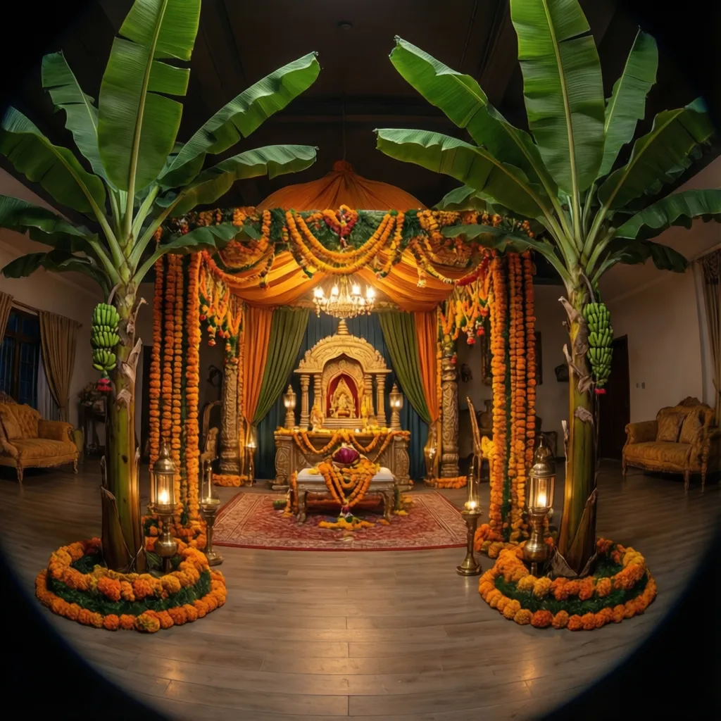Artificial banana trees placed symmetrically at pooja mandap entrance