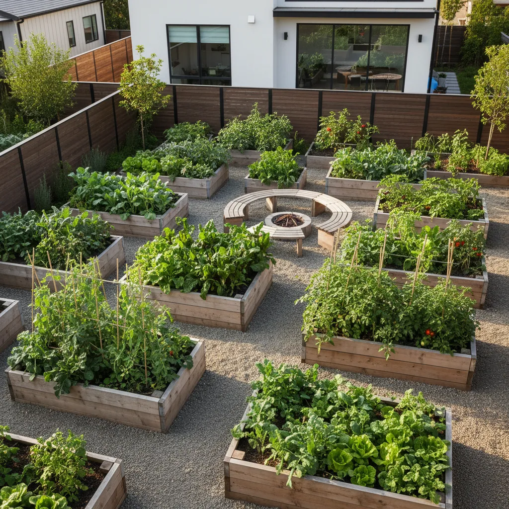 Huerto con bancales elevados de madera bien organizados