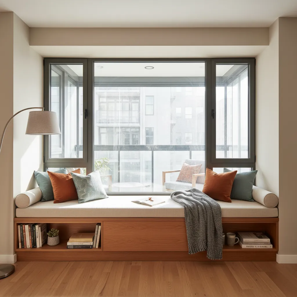 Banco de lectura construido bajo una ventana interior hacia terraza cerrada