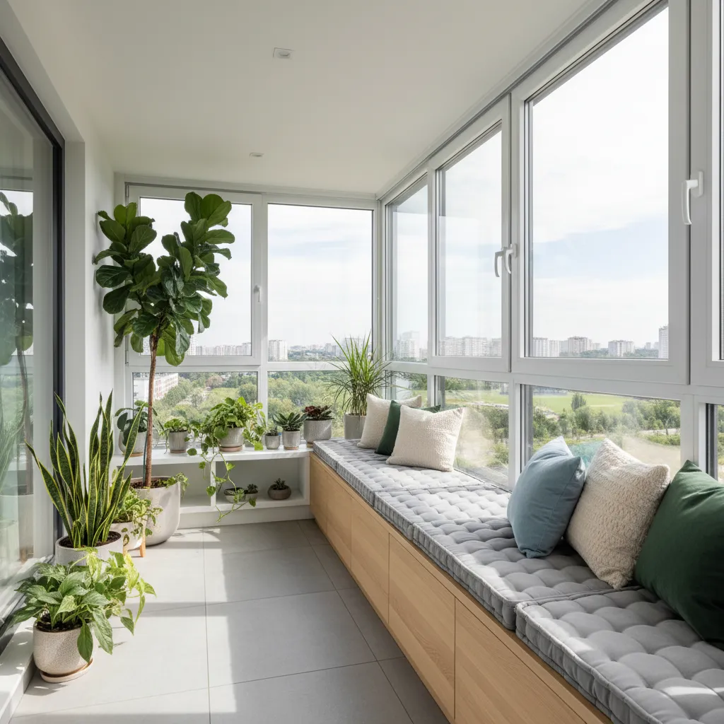 Modern sunroom featuring long wooden bench grey cushions green pillows potted plants and large windows