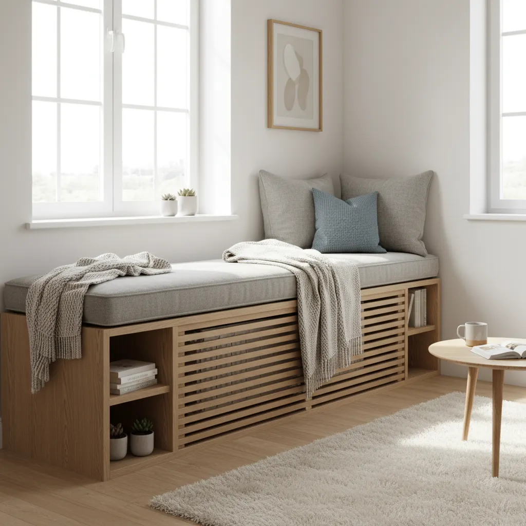 Cozy window seat with grey cushions and wooden radiator cover storage bench in bright room