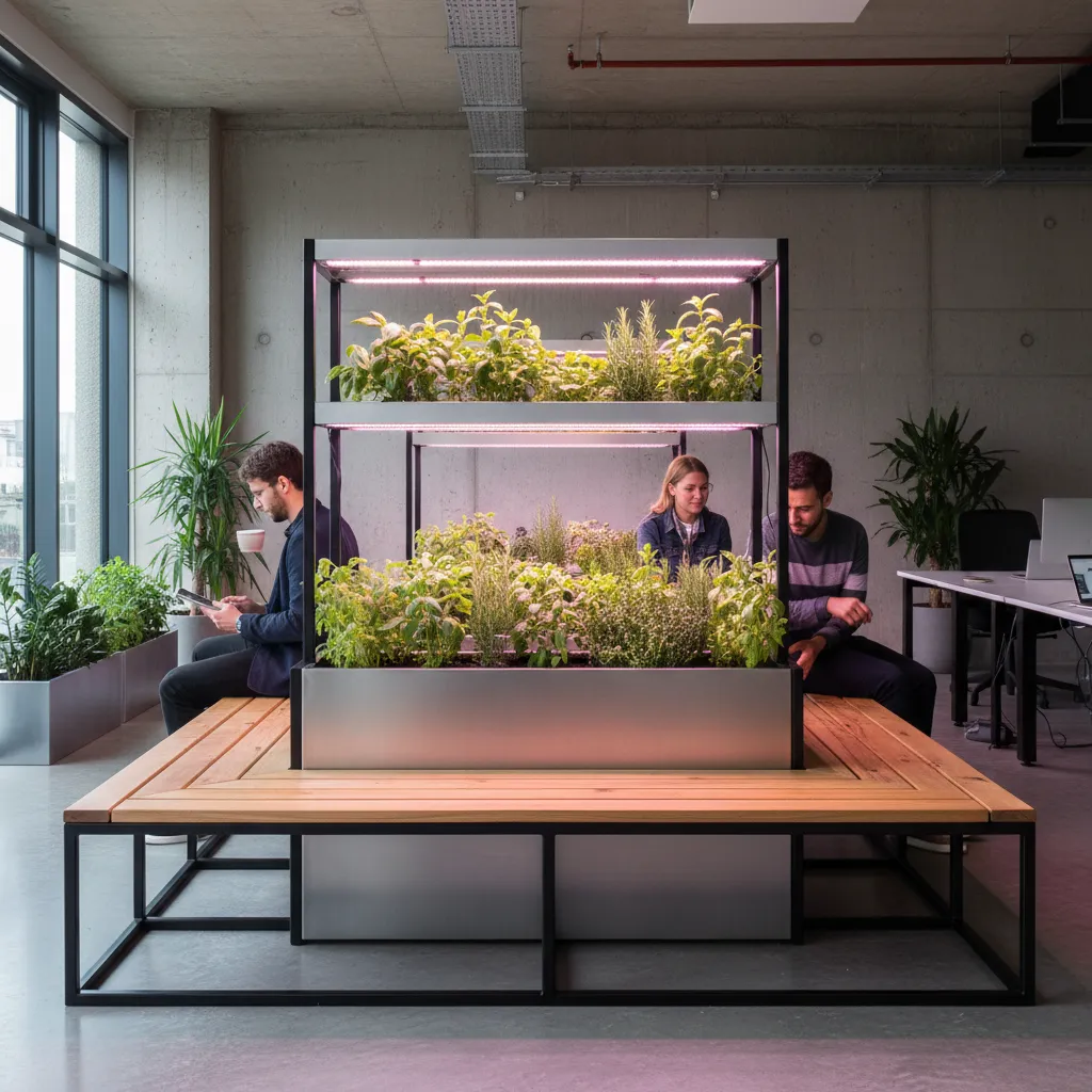 Banco interior con jardineras y huerto inteligente integrado