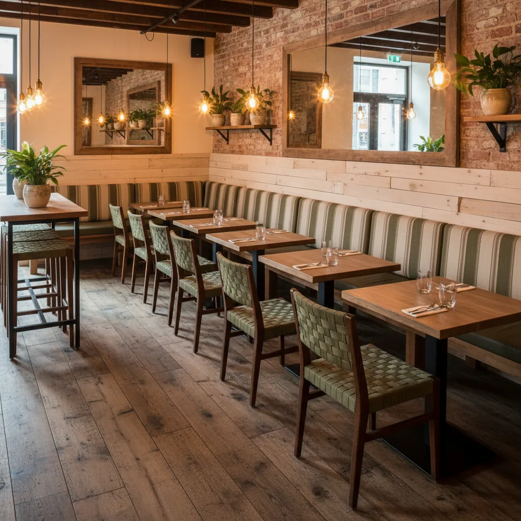Restaurant interior with brick walls, wooden tables, green striped seating, woven chairs and hanging lights