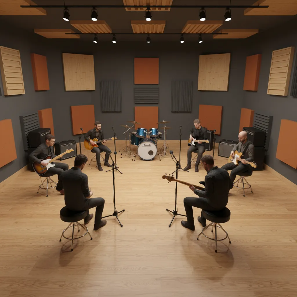 band arranged in a circle rehearsal layout with instruments facing inward