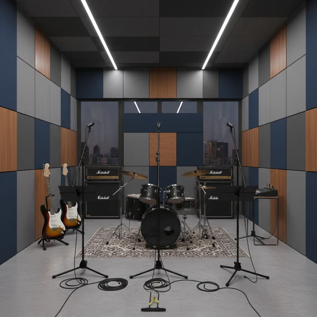 Modern band rehearsal room with organized instruments and acoustic treatment