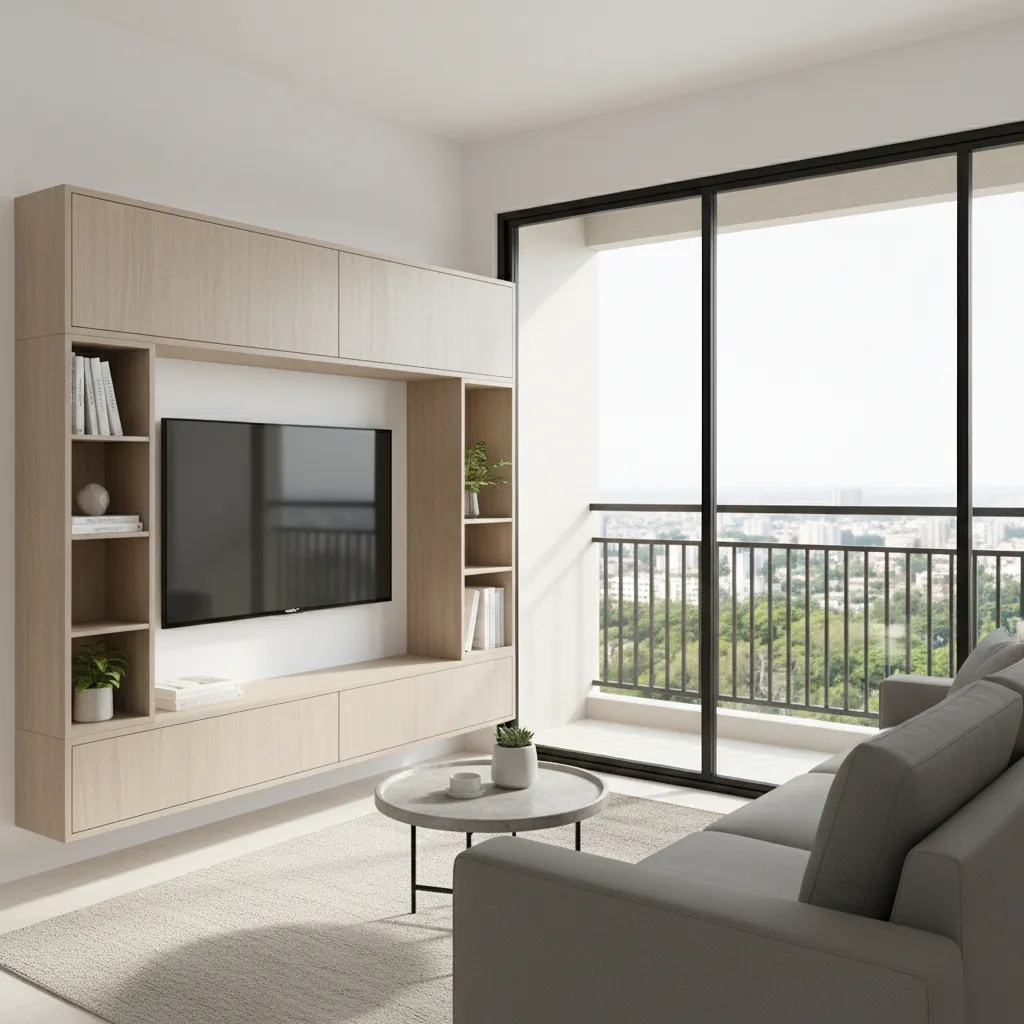 Compact living room layout inside a Bangalore 1 BHK apartment
