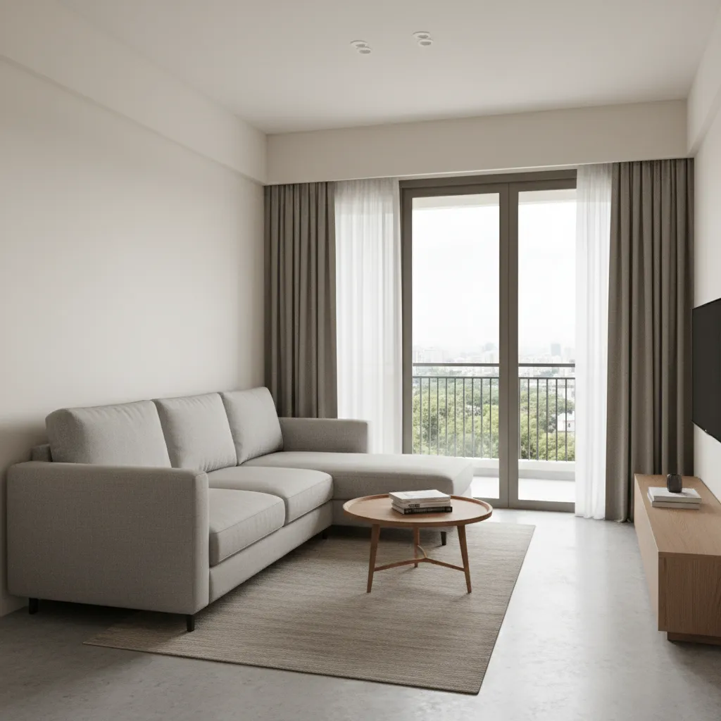 compact living room design in a 2 bhk bangalore apartment with sofa and balcony light